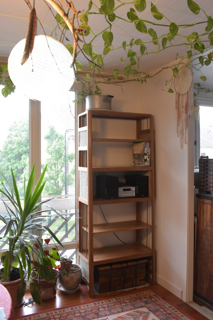 étagère bibliothèque sur mesure par Claire Salin dans appartement avec plantes