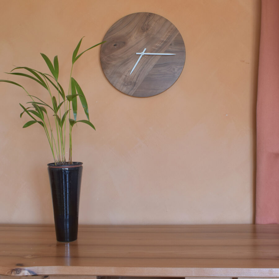 ambiance intérieure avec horloge murale en bois sombre et plante verte